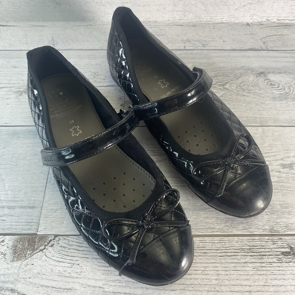 Geox Mary Jane Shoes Womens 5 Black Patent Leather Quilted Bow Flat Respira Pile